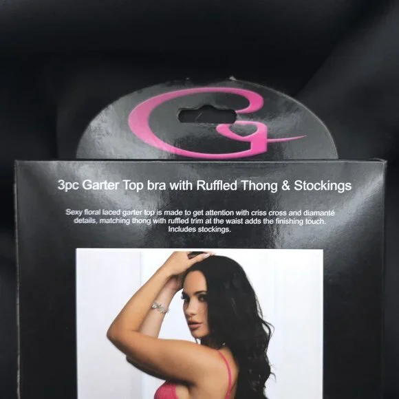 G World Pink Lace Garter Bra Lingerie Set 3pc Thong Stockings One Size OH2453 - Picture 5 of 7